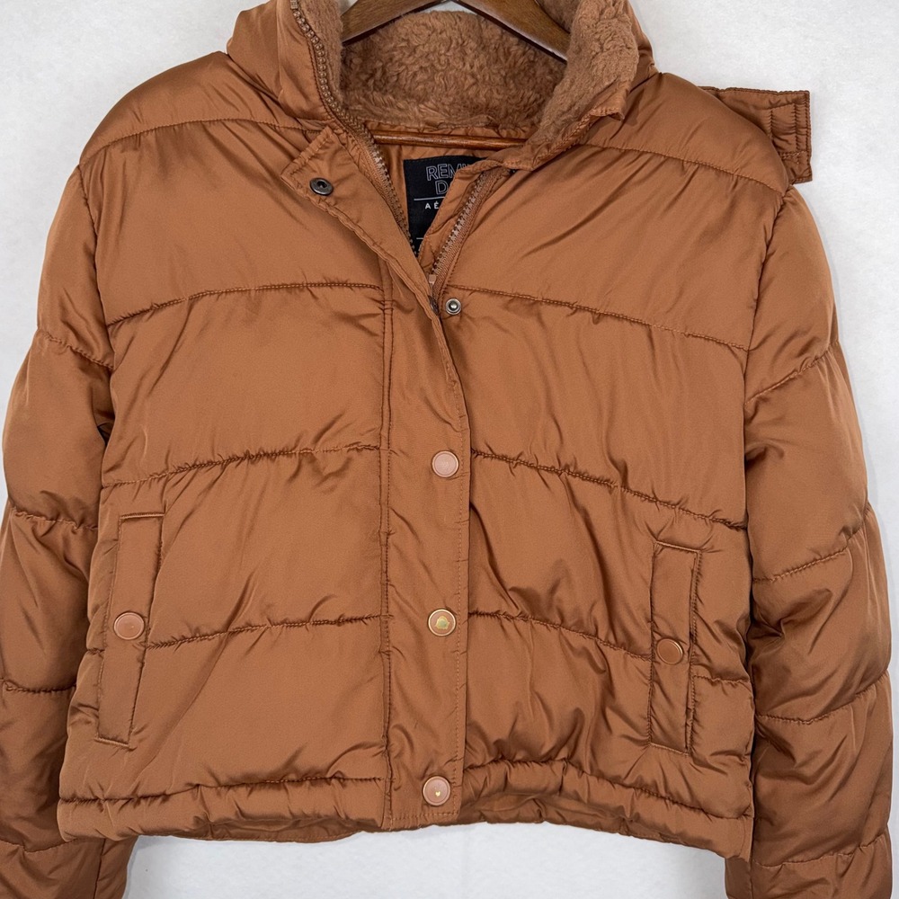 Aeropostale Remixed Down Puffer Jacket Womens Medium Brown Sherpa Crop Gorpcore - Picture 2 of 6